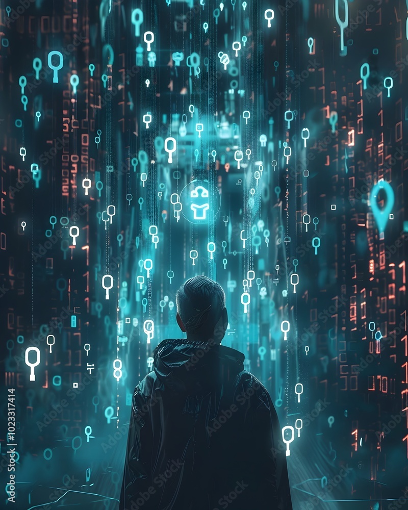 Poster hacker accessing hidden data in a futuristic digital environment