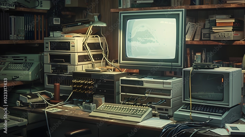 Poster retro hacker s workstation with vintage computer hardware and crt monitor