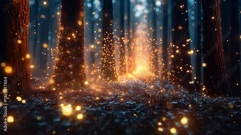 Poster this mesmerizing image shows golden sparkles falling on a forest floor, creating a magical atmospher