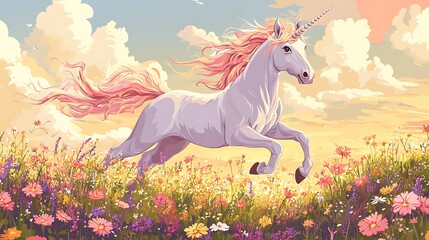 Magical Unicorn in Colorful Flower Field
