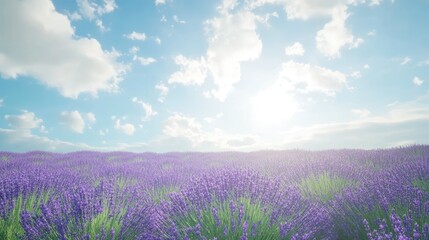 Naklejka premium Field of lavender under the summer sun. Wide open sky above for text space. Calm and peaceful summer scene