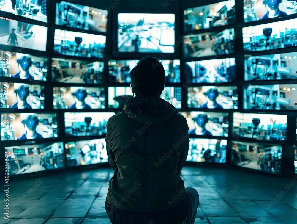 Poster hacker monitoring multiple surveillance screens controlling information and security systems
