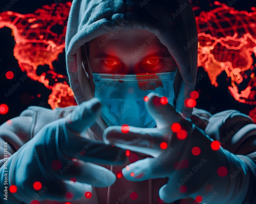 Aufkleber hacker manipulating holographic world map with red targets global cyber espionage concept