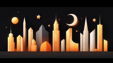 Cityscape Night Silhouette Moon Stars Orange Illustration