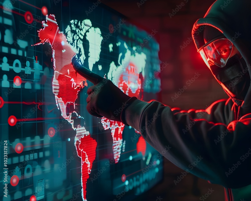 Poster hacker manipulating holographic world map with red targets symbolizing cyber espionage
