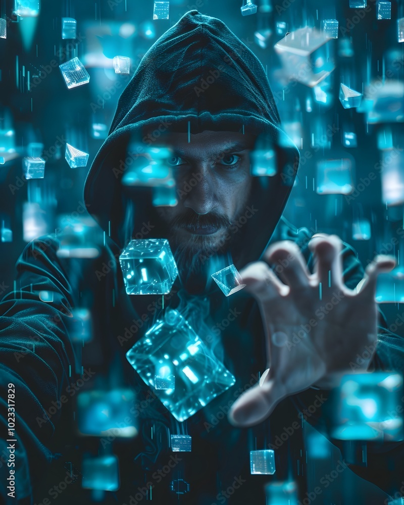 Poster hacker surrounded by floating holographic cubes containing encrypted data symbolizing the challenge 
