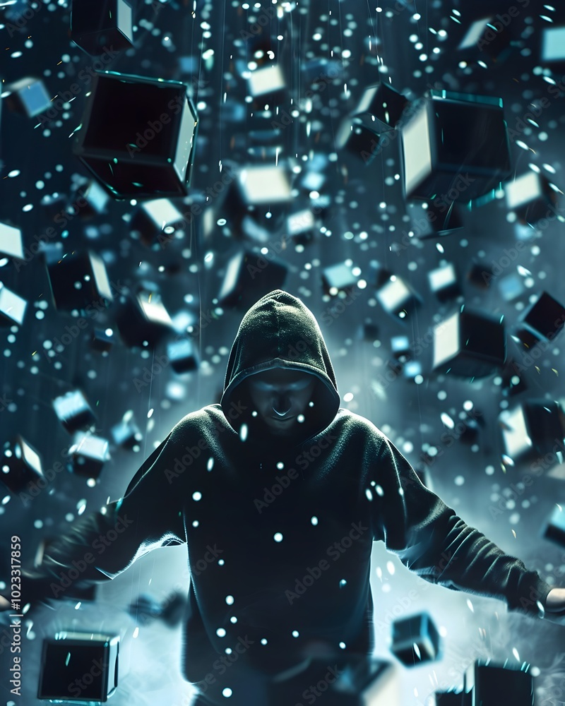 Poster hacker surrounded by floating holographic cubes with encrypted data