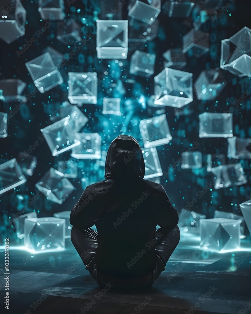 Poster hacker surrounded by holographic cubes symbolizing encrypted data breach challenge