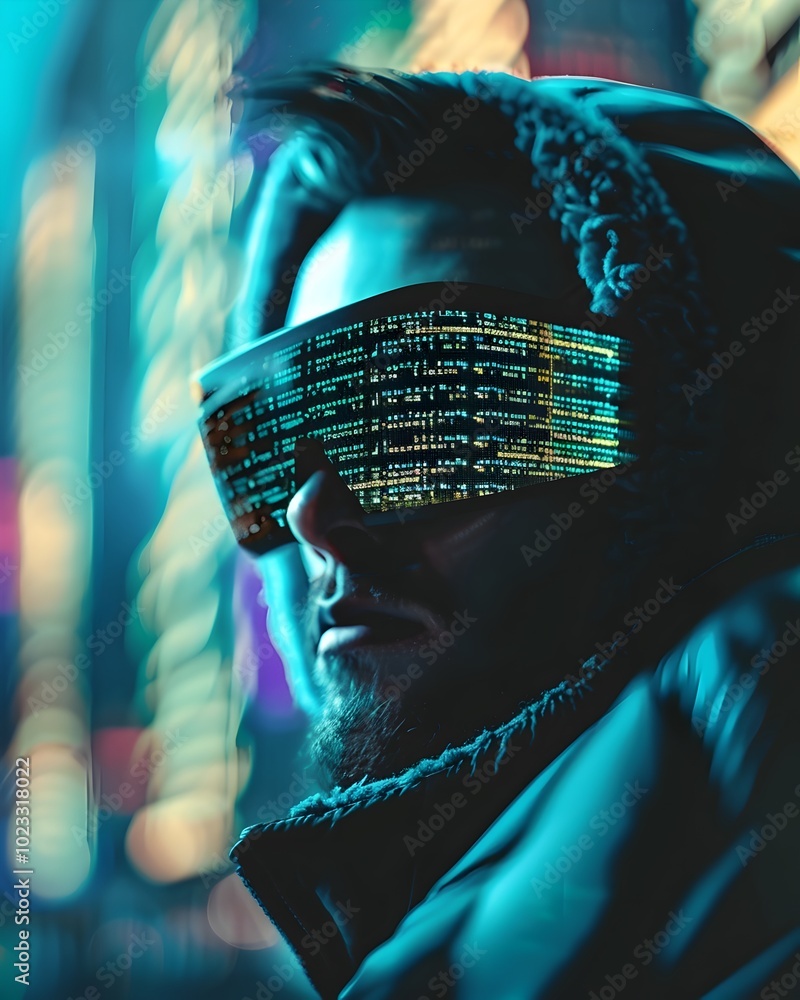 Poster hacker wearing augmented reality glasses with virtual layers of code overlaying the physical world