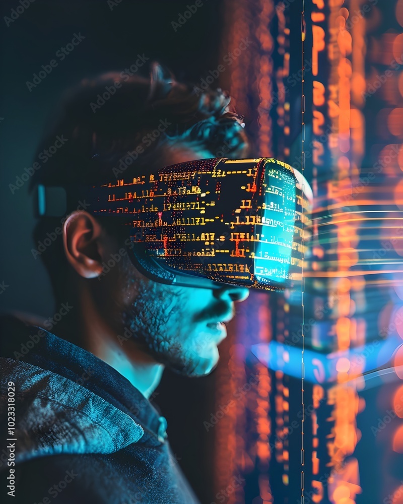 Poster hacker wearing augmented reality glasses with virtual layers of code overlaid onto physical world