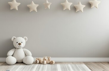 A White Teddy Bear with a Wooden Toy Car in a Nursery Room Decorated with Stars