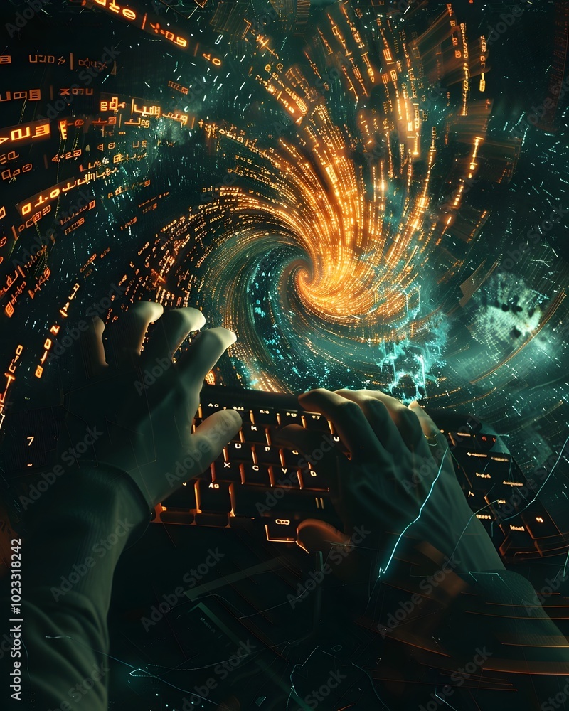 Poster hacker typing rapidly as digital symbols spiral out from keyboard forming complex patterns