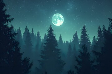 Full Moon Illuminating a Foggy Forest at Night