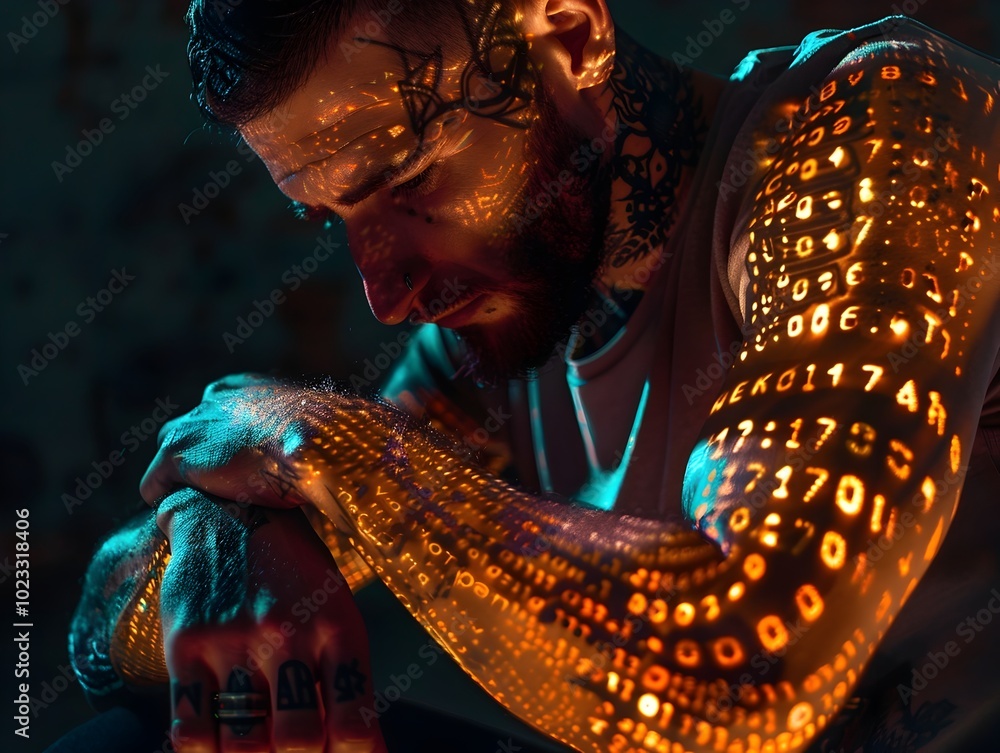 Poster hacker with glowing pulsating tattoo symbolizing connection to the digital world