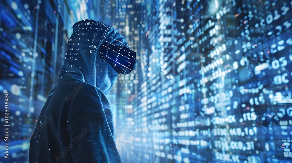 Poster hacker infiltrating a virtual reality world to uncover hidden data and secrets