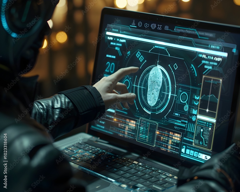 Poster hacker bypassing biometric security on laptop with glowing displays