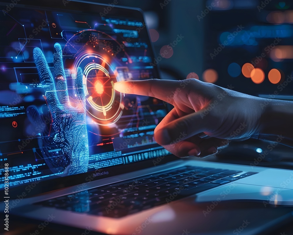 Poster hacker utilizing biometric tools to bypass security on glowing laptop screen