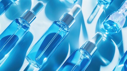 Glass ampoules filled with blue serum, designed for skin and hair care routines, symbolizing beauty treatments, moisturizing, and anti-aging active ingredients like vitamin C and hyaluronic acid.