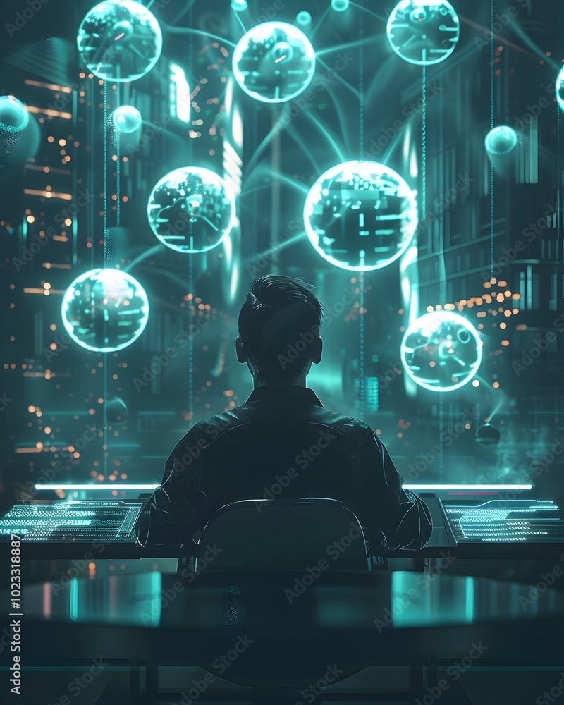 Poster hacker accessing interconnected holographic data nodes showcasing vast digital influence