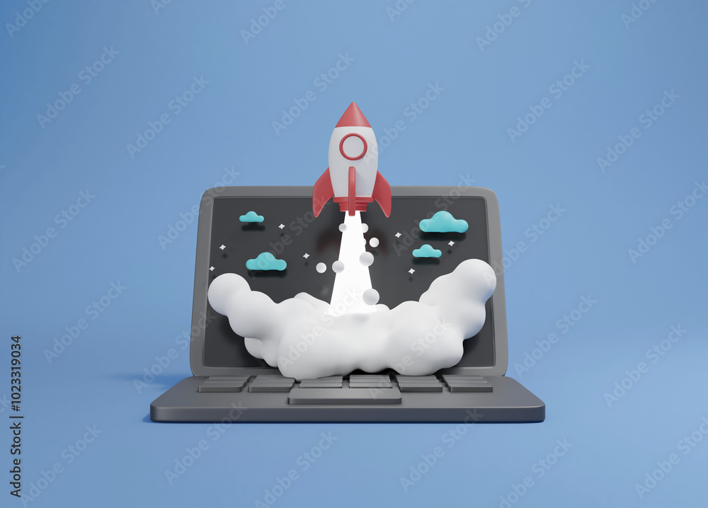 Poster 3d render illustration of a rocket icon emitting smoke as it soars from a laptop screen, surrounded 