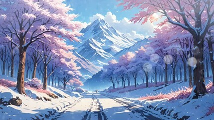 Serene winter mountain road surrounded by pink blossoming trees in full view. Landscape concept  ,Seamless looping 4k time-lapse animation video background