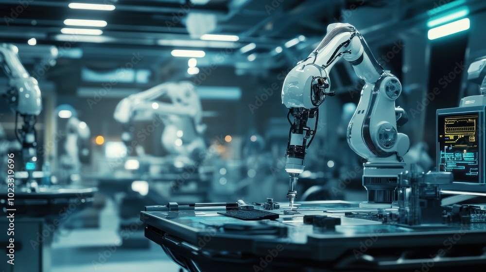 Poster a futuristic industrial setting with robotic arms working on tasks.