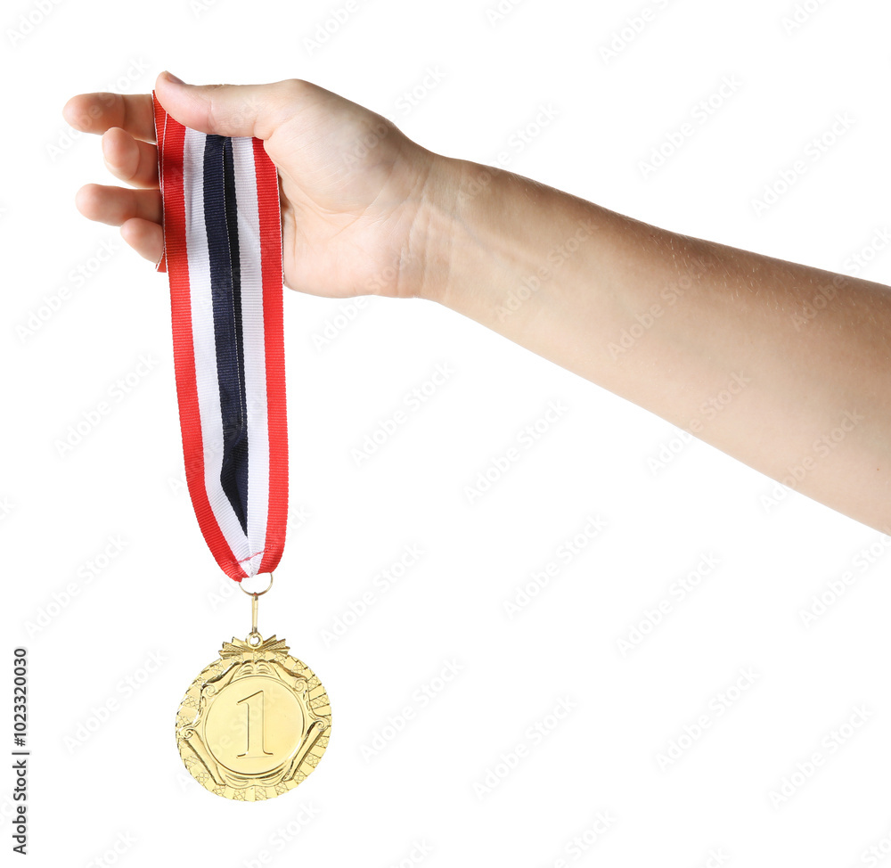 Sticker Woman with golden medal on white background, closeup