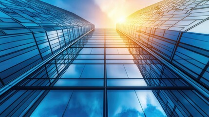 Obraz premium Modern office building with sleek metal and glass panels under a bright sky. Room for your content