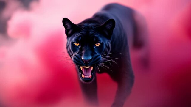 Black jaguar with a furious expression emerges from the pink smoke