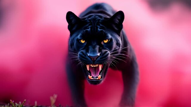Black jaguar with a furious expression emerges from the pink smoke