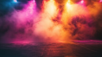 Fototapeta premium Dimly lit theater stage, colorful beams of light shining through thick smoke