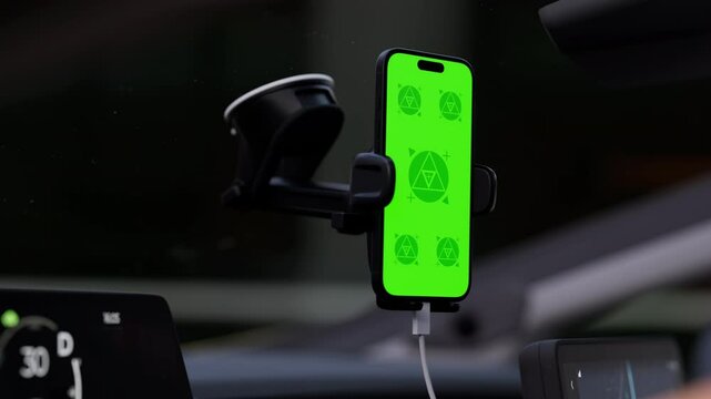 A phone with a green mockup screen is mounted on a car's windshield. The setup suggests hands-free navigation, taxi, or ride apps, enabling drivers to use GPS and travel apps for seamless driving