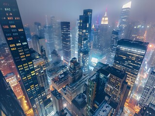 Aerial view of a vibrant city skyline at night, illuminated by lights and fog.