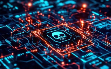 Fototapeta premium Cyber crime scene with a hacker attack, futuristic interface showing breached security systems, data protection warning, internet safety concept 