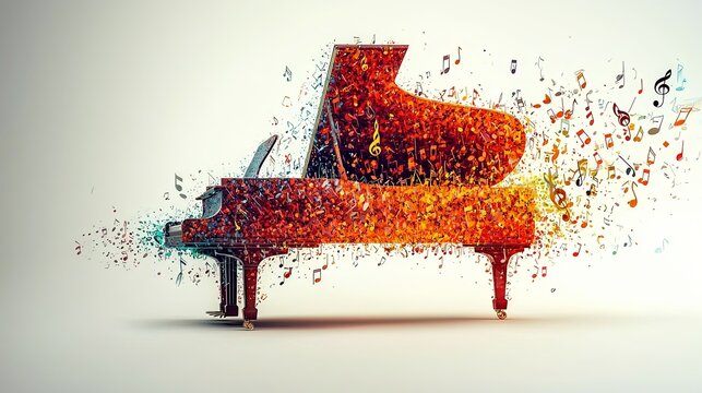An electric grand piano surrounded by dynamic bursts of musical notes, reflecting the energetic and transformative power of sound in a contemporary artistic style.
