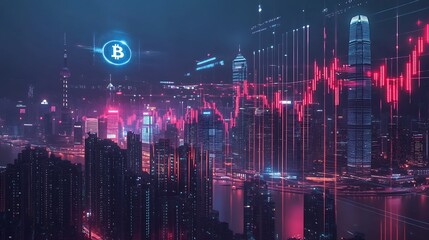 Futuristic City Skyline at Night with Holographic Elements