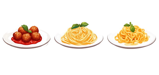 Fototapeta premium three set of A classic Italian dish with pasta meatball isolated transparent background