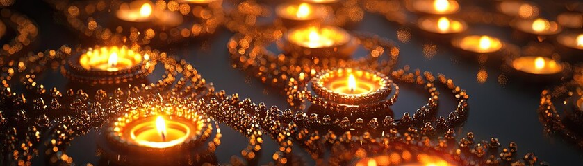 Glistening candles with warm light create a serene atmosphere, perfect for relaxation or meditation settings.