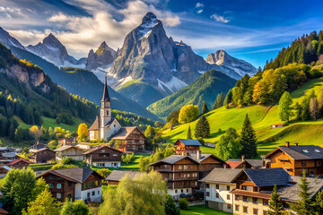 Obraz premium Alpine village nestled in a valley with towering peaks