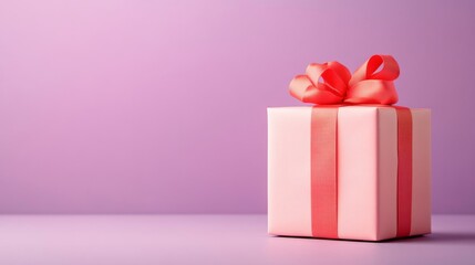 Blush pink Christmas gift with neon coral ribbon on a muted lilac background with space for festive text modern holiday décor 