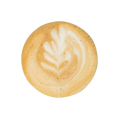 Top view. texture of practice coffee latte art on cup isolated white background.
