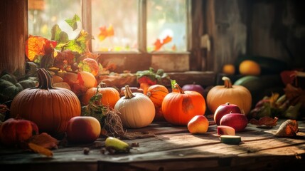  rustic wooden table filled with pumpkins, apples, and autumn vegetables, 