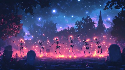 A whimsical cartoon-style illustration of dancing skeletons in a misty graveyard. The sky is full of bright stars, and tombstones are scattered around. The skeletons are in cheerful dance poses,