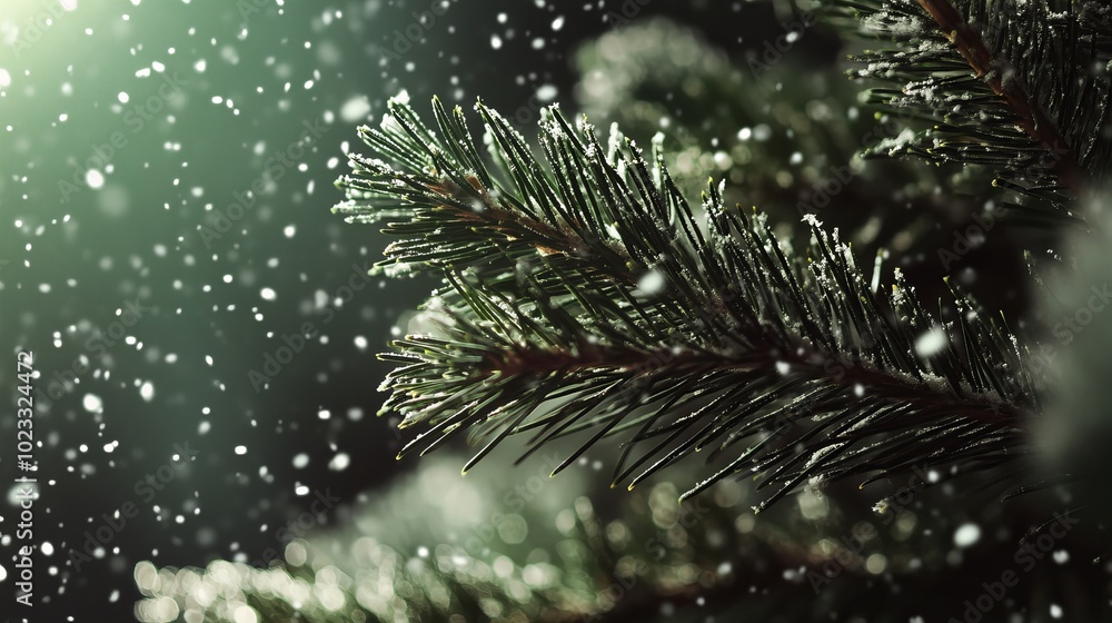 Poster close-up of a pine branch dusted with snow, with a soft, ethereal glow behind it.