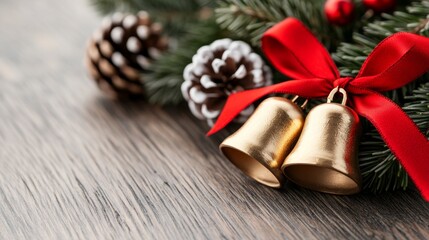 Close-up of golden bells tied with a red ribbon, surrounded by pine cones and holly leaves on a rustic wooden surface 