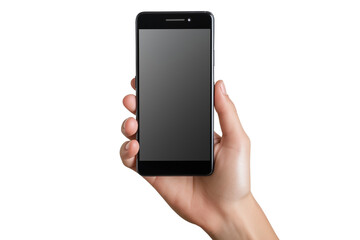  hand holding modern smart phone mockup isolated on white background, transparent PNG die cut.