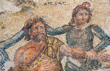 Fragment of an antique mosaic on which Marsyas receives the punishment of Apollo. Archaeological...