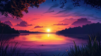 Obraz premium Scenic sunset over a calm summer lake, with space for text in the colorful sky