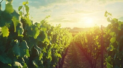 Fototapeta premium Scenic vineyard under the summer sun, with lush green vines. Space for copy in the sky