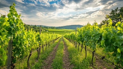 Naklejka premium Scenic vineyard under the summer sun, with lush green vines. Space for copy in the sky